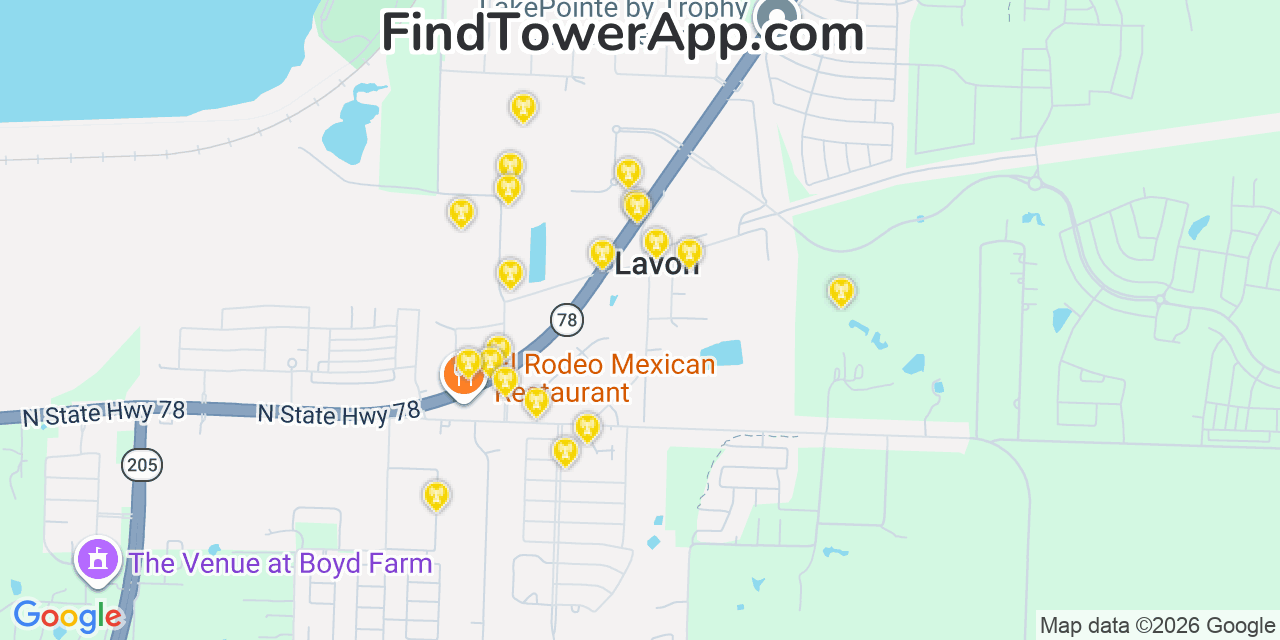 Map showing the 20 primary cell tower locations detected in Lavon, Texas from AT&T, Verizon, and T-Mobile networks