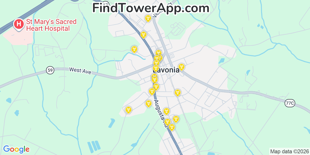 Map showing the 20 primary cell tower locations detected in Lavonia, Georgia from AT&T, Verizon, and T-Mobile networks