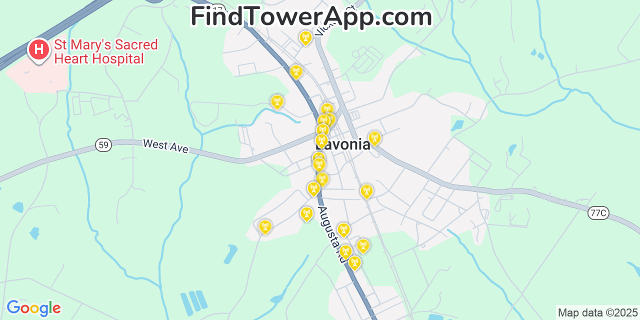 Map showing the 20 primary Mobitel cell tower locations detected in Lavonia, Georgia with coverage radius and signal strength indicators