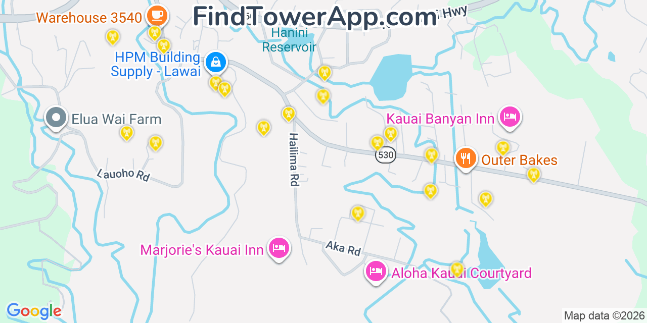 Map showing the 20 primary cell tower locations detected in Lawai, Hawaii from AT&T, Verizon, and T-Mobile networks
