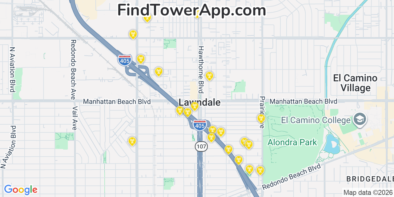 Map showing the 20 primary cell tower locations detected in Lawndale, California from AT&T, Verizon, and T-Mobile networks