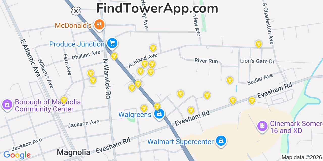 Map showing the 20 primary cell tower locations detected in Lawnside, New Jersey from AT&T, Verizon, and T-Mobile networks