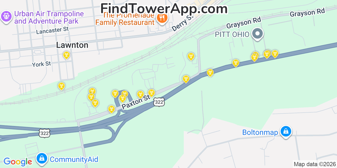 Map showing the 20 primary cell tower locations detected in Lawnton, Pennsylvania from AT&T, Verizon, and T-Mobile networks