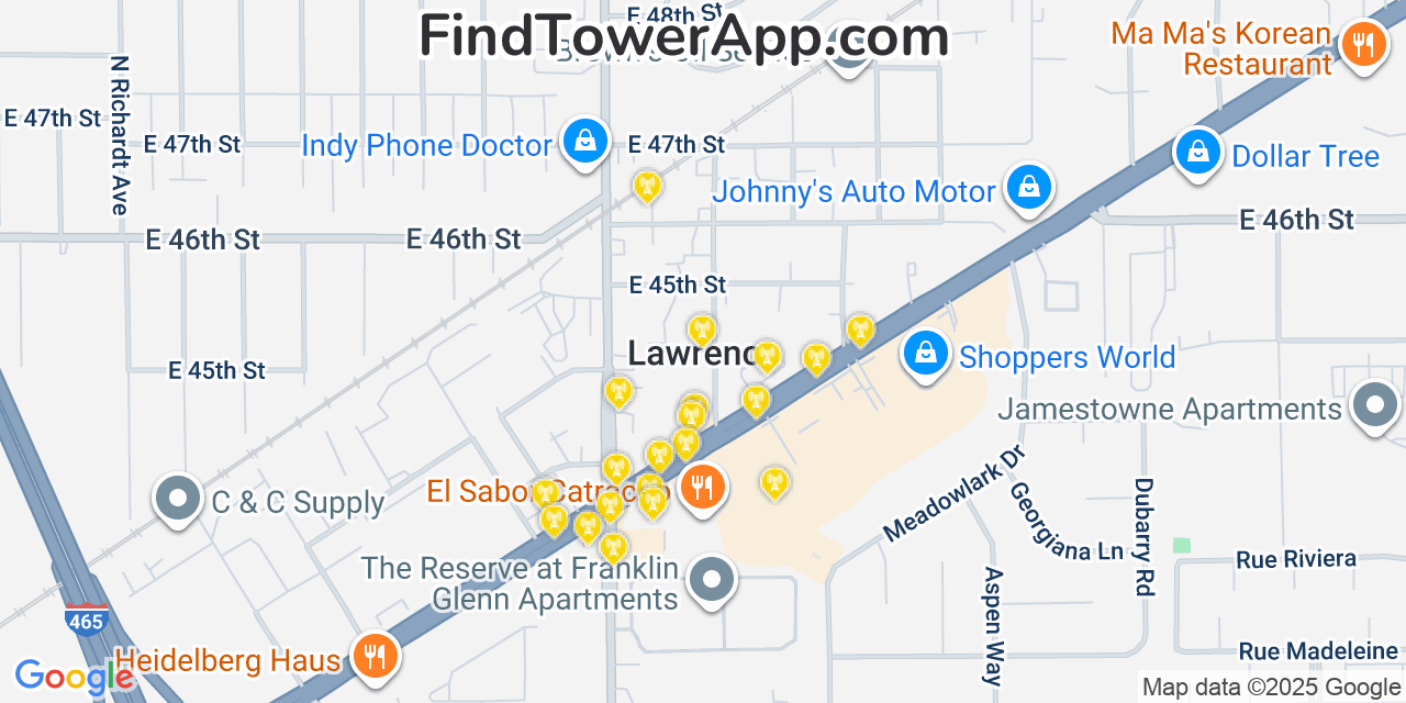 Map showing the 20 primary cell tower locations detected in Lawrence, Indiana from AT&T, Verizon, and T-Mobile networks