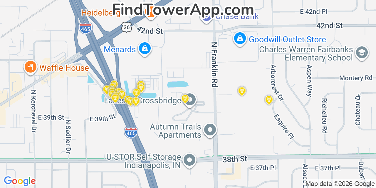 Map showing the 20 primary cell tower locations detected in Lawrence, Indiana from AT&T, Verizon, and T-Mobile networks