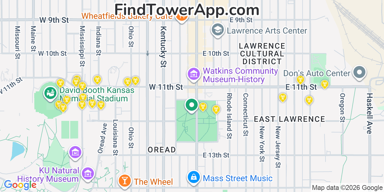 Map showing the 20 primary cell tower locations detected in Lawrence, Kansas from AT&T, Verizon, and T-Mobile networks