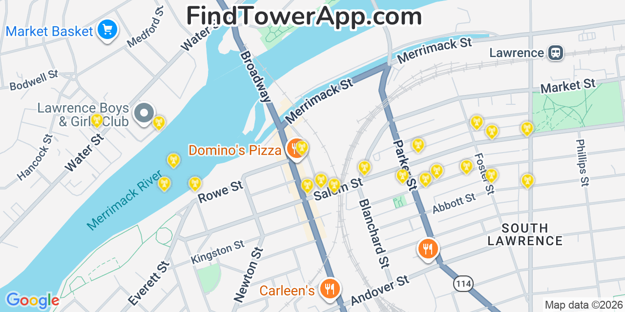 Map showing the 20 primary cell tower locations detected in Lawrence, Massachusetts from AT&T, Verizon, and T-Mobile networks