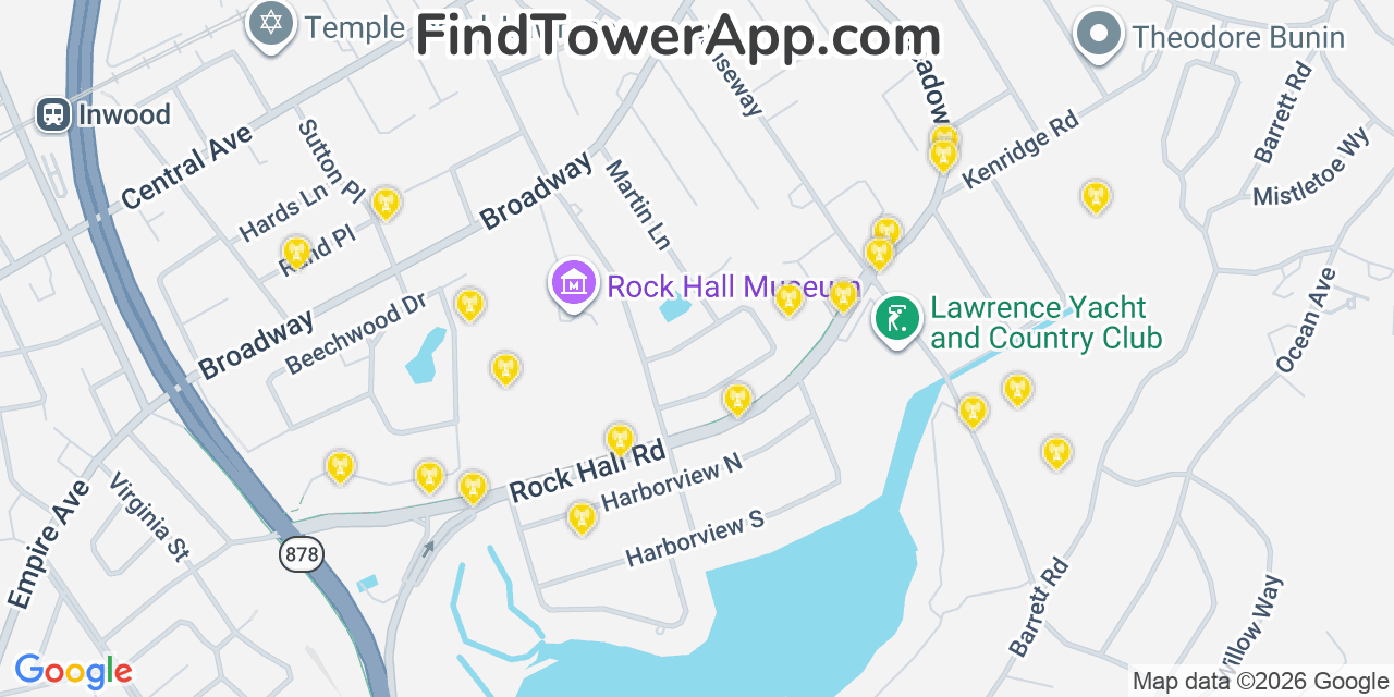 Map showing the 20 primary cell tower locations detected in Lawrence, New York from AT&T, Verizon, and T-Mobile networks