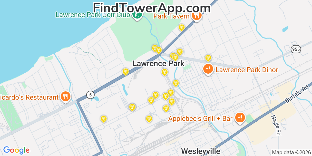 Map showing the 20 primary cell tower locations detected in Lawrence Park, Pennsylvania from AT&T, Verizon, and T-Mobile networks