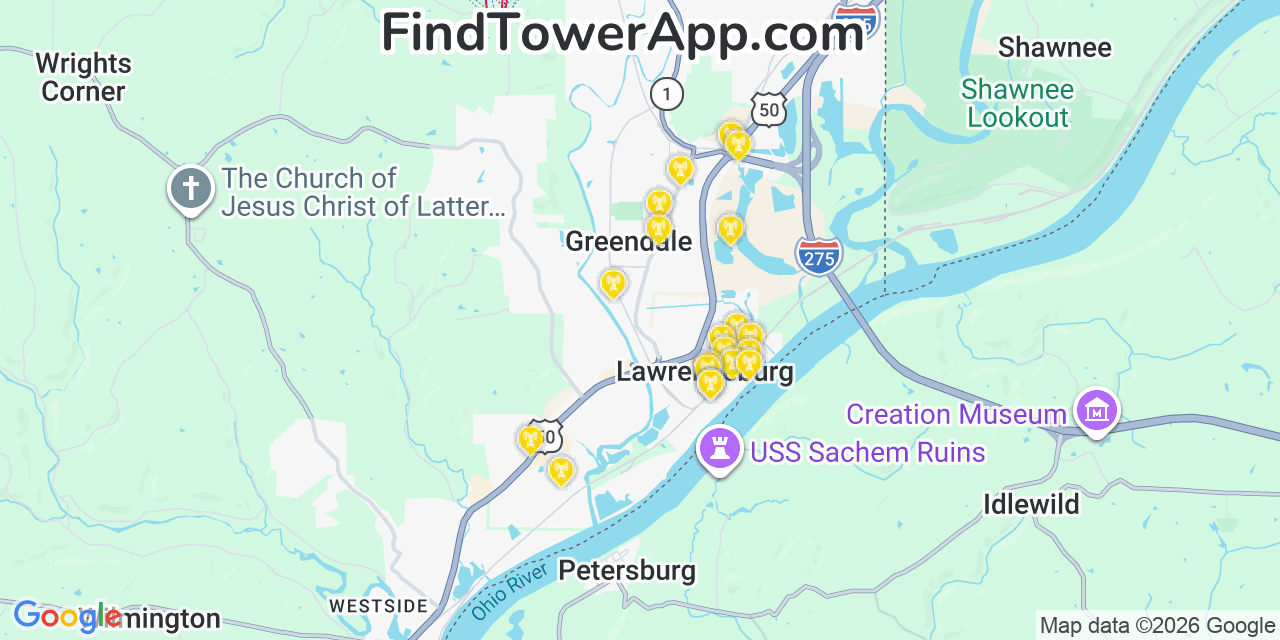 Map showing the 20 primary cell tower locations detected in Lawrenceburg, Indiana from AT&T, Verizon, and T-Mobile networks