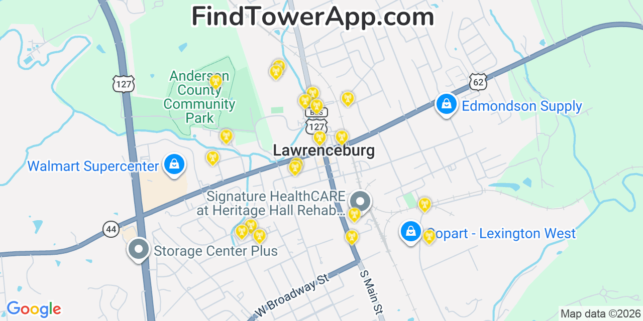 Map showing the 20 primary cell tower locations detected in Lawrenceburg, Kentucky from AT&T, Verizon, and T-Mobile networks