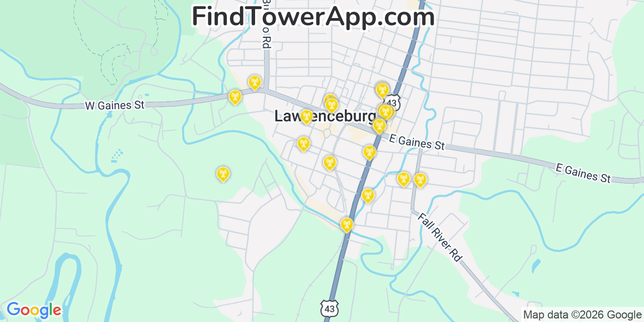 Map showing the 20 primary cell tower locations detected in Lawrenceburg, Tennessee from AT&T, Verizon, and T-Mobile networks