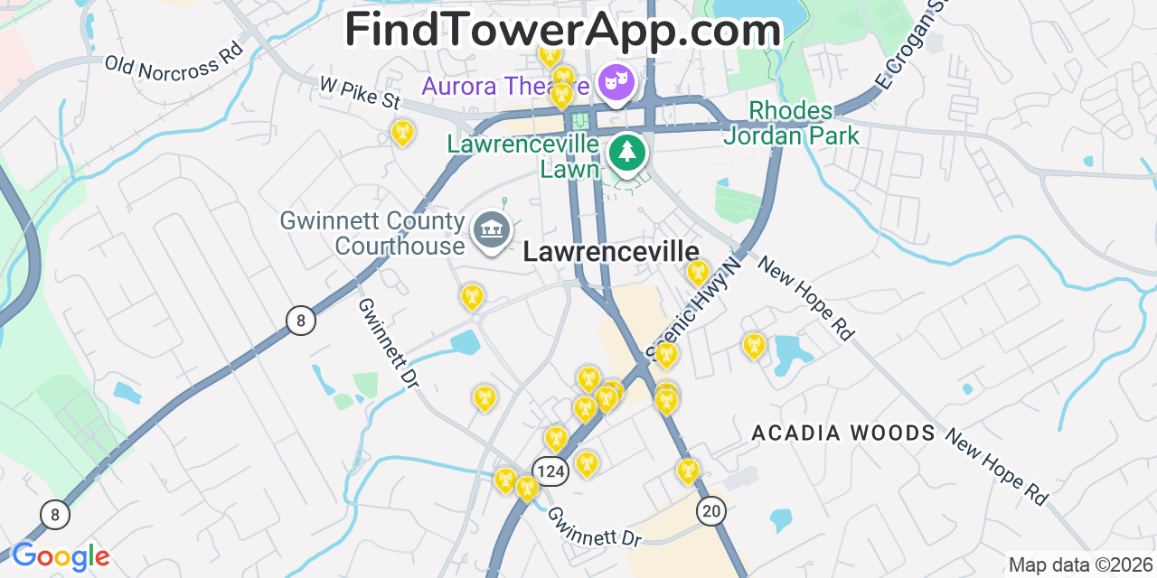 Map showing the 20 primary cell tower locations detected in Lawrenceville, Georgia from AT&T, Verizon, and T-Mobile networks