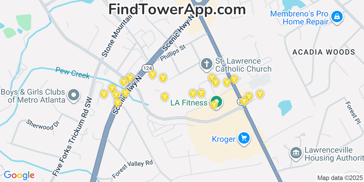Map showing the 20 primary Mobitel cell tower locations detected in Lawrenceville, Georgia with coverage radius and signal strength indicators