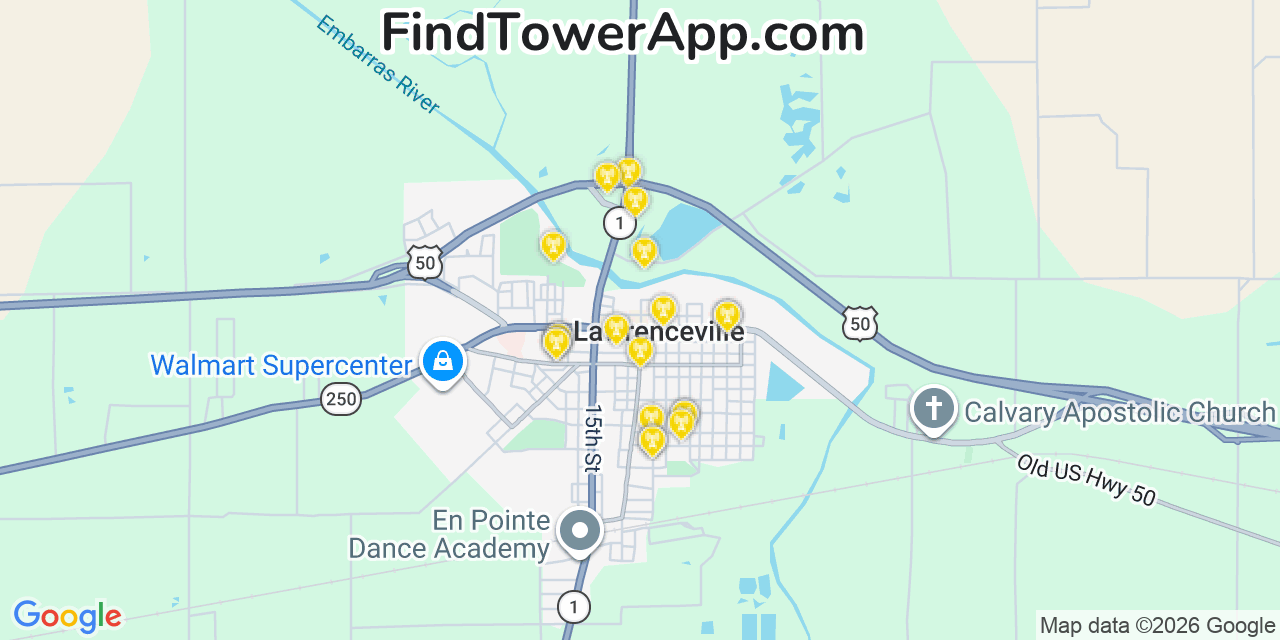 Map showing the 20 primary cell tower locations detected in Lawrenceville, Illinois from AT&T, Verizon, and T-Mobile networks