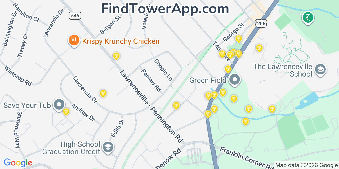 Map showing the 20 primary cell tower locations detected in Lawrenceville, New Jersey from AT&T, Verizon, and T-Mobile networks