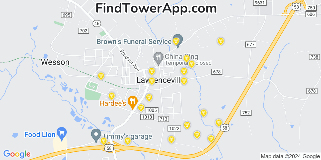 AT&T 4G/5G cell tower coverage map Lawrenceville, Virginia