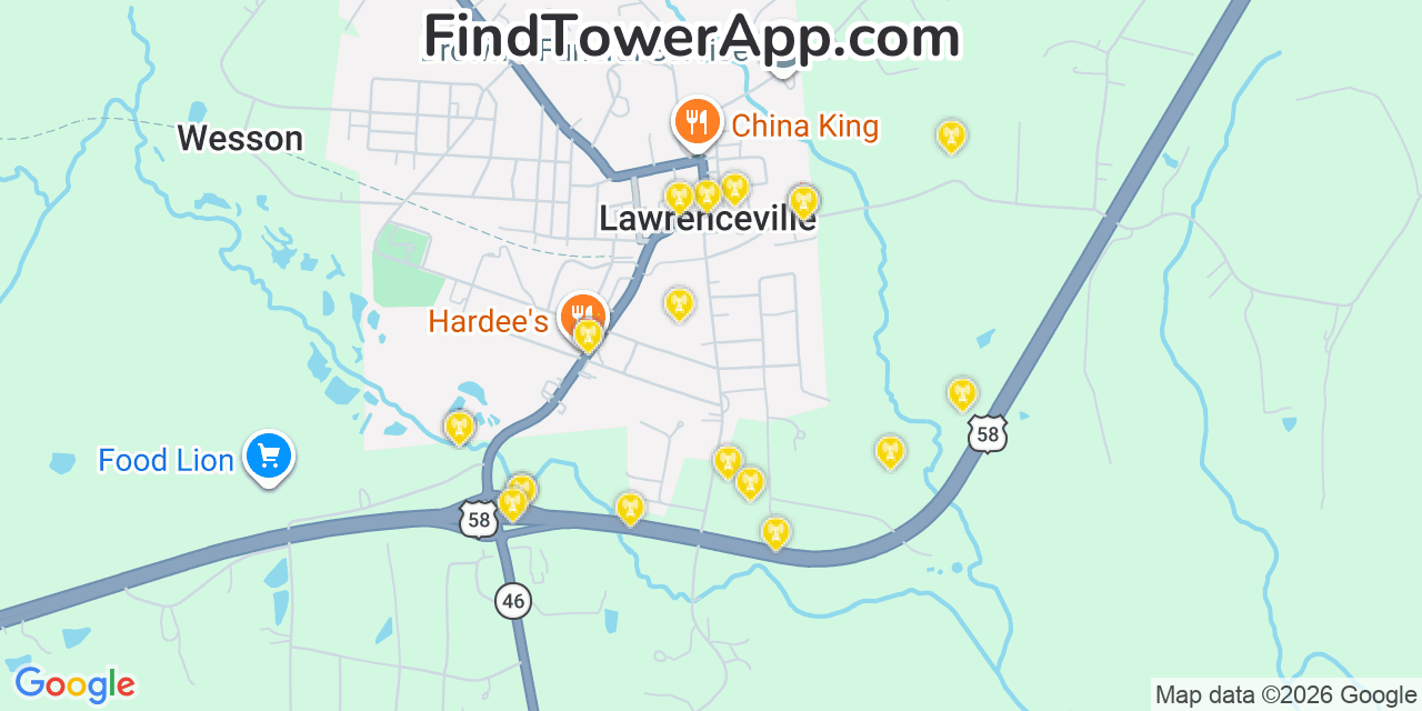 Map showing the 20 primary cell tower locations detected in Lawrenceville, Virginia from AT&T, Verizon, and T-Mobile networks