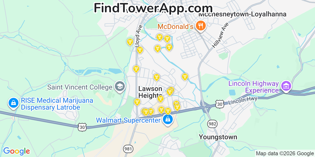 Map showing the 20 primary cell tower locations detected in Lawson Heights, Pennsylvania from AT&T, Verizon, and T-Mobile networks