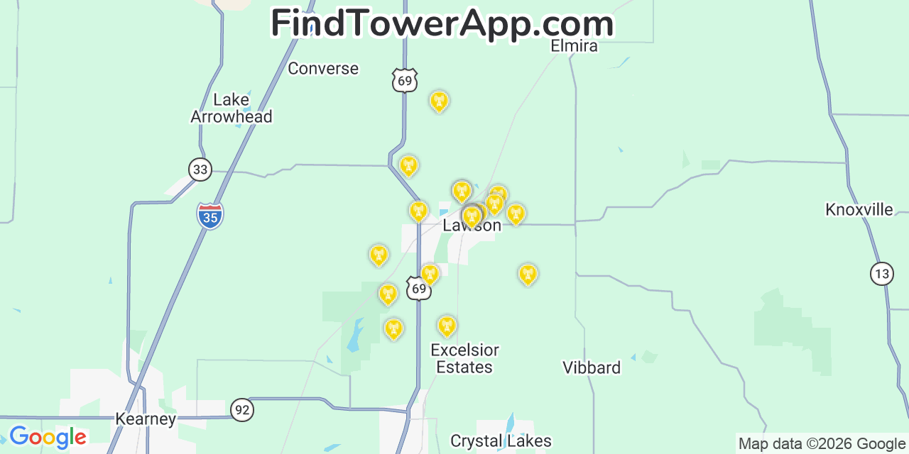 Map showing the 20 primary cell tower locations detected in Lawson, Missouri from AT&T, Verizon, and T-Mobile networks