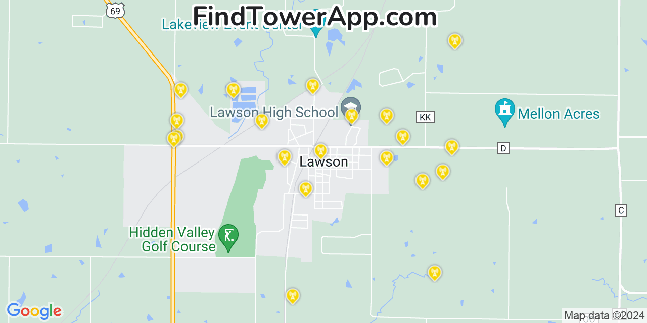 Verizon 4G/5G cell tower coverage map Lawson, Missouri