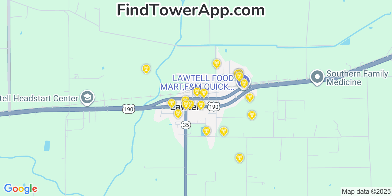 Map showing the 20 primary cell tower locations detected in Lawtell, Louisiana from AT&T, Verizon, and T-Mobile networks