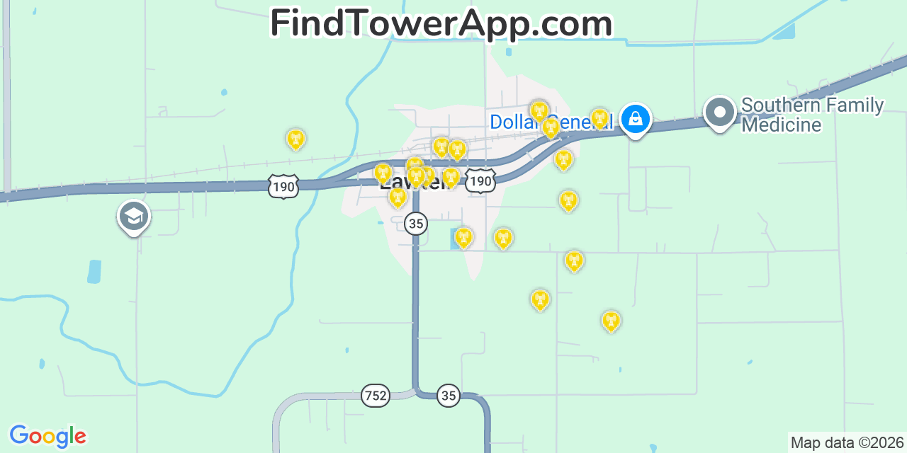 Map showing the 20 primary cell tower locations detected in Lawtell, Louisiana from AT&T, Verizon, and T-Mobile networks