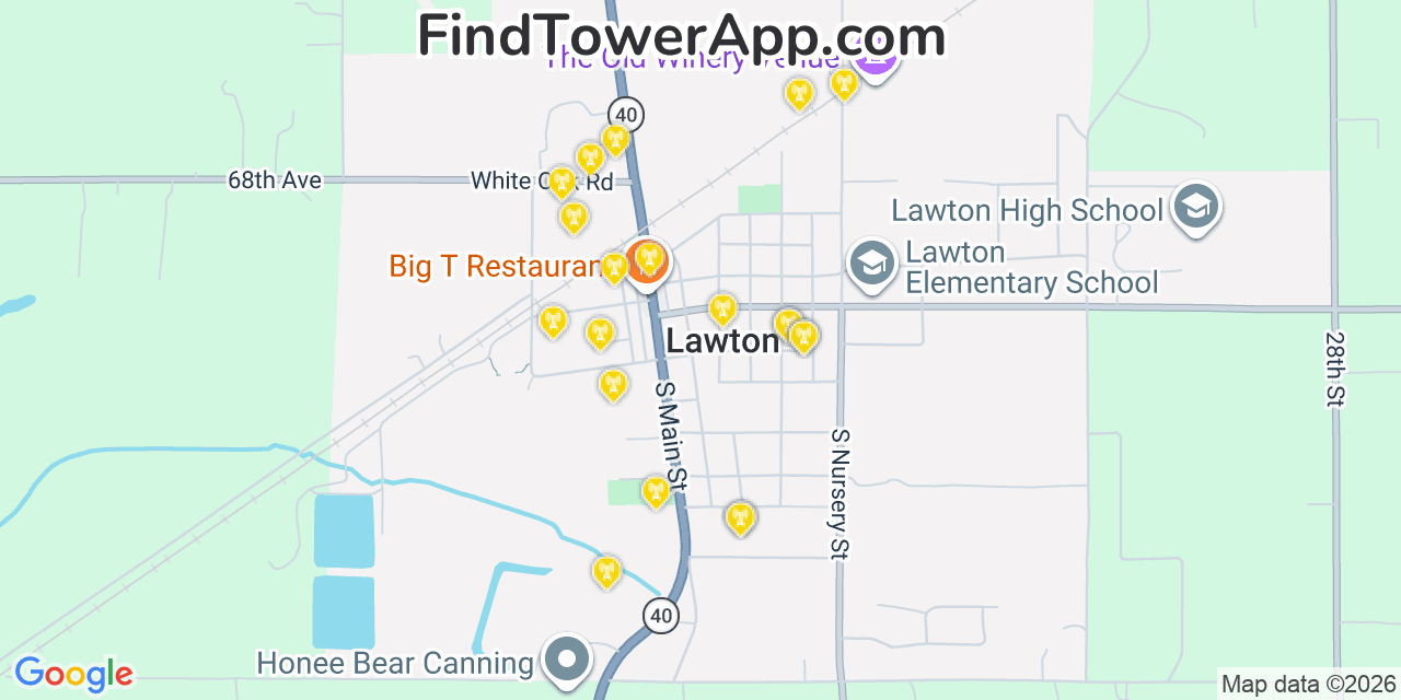 Map showing the 20 primary cell tower locations detected in Lawton, Michigan from AT&T, Verizon, and T-Mobile networks