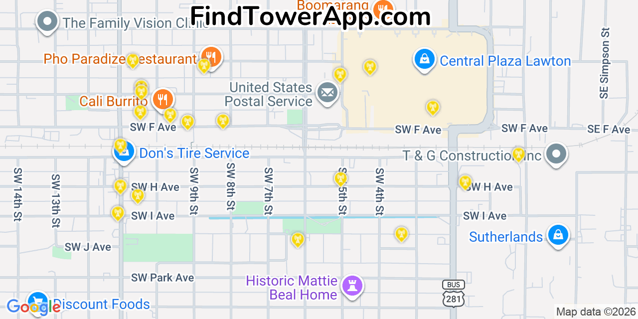 Map showing the 20 primary cell tower locations detected in Lawton, Oklahoma from AT&T, Verizon, and T-Mobile networks