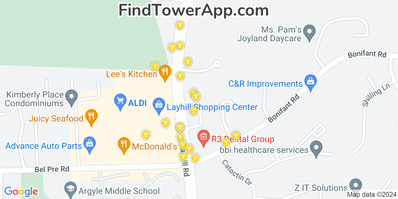 AT&T 4G/5G cell tower coverage map Layhill, Maryland