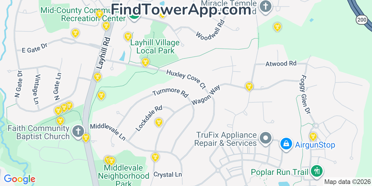 Map showing the 20 primary cell tower locations detected in Layhill, Maryland from AT&T, Verizon, and T-Mobile networks
