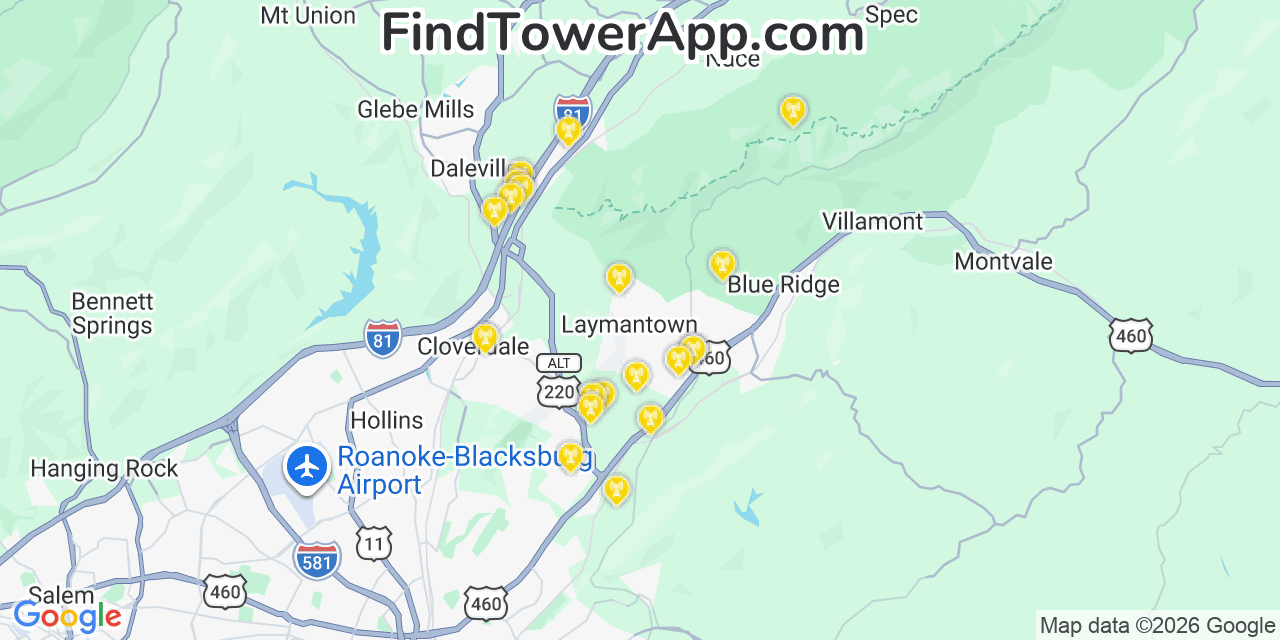 Map showing the 20 primary cell tower locations detected in Laymantown, Virginia from AT&T, Verizon, and T-Mobile networks