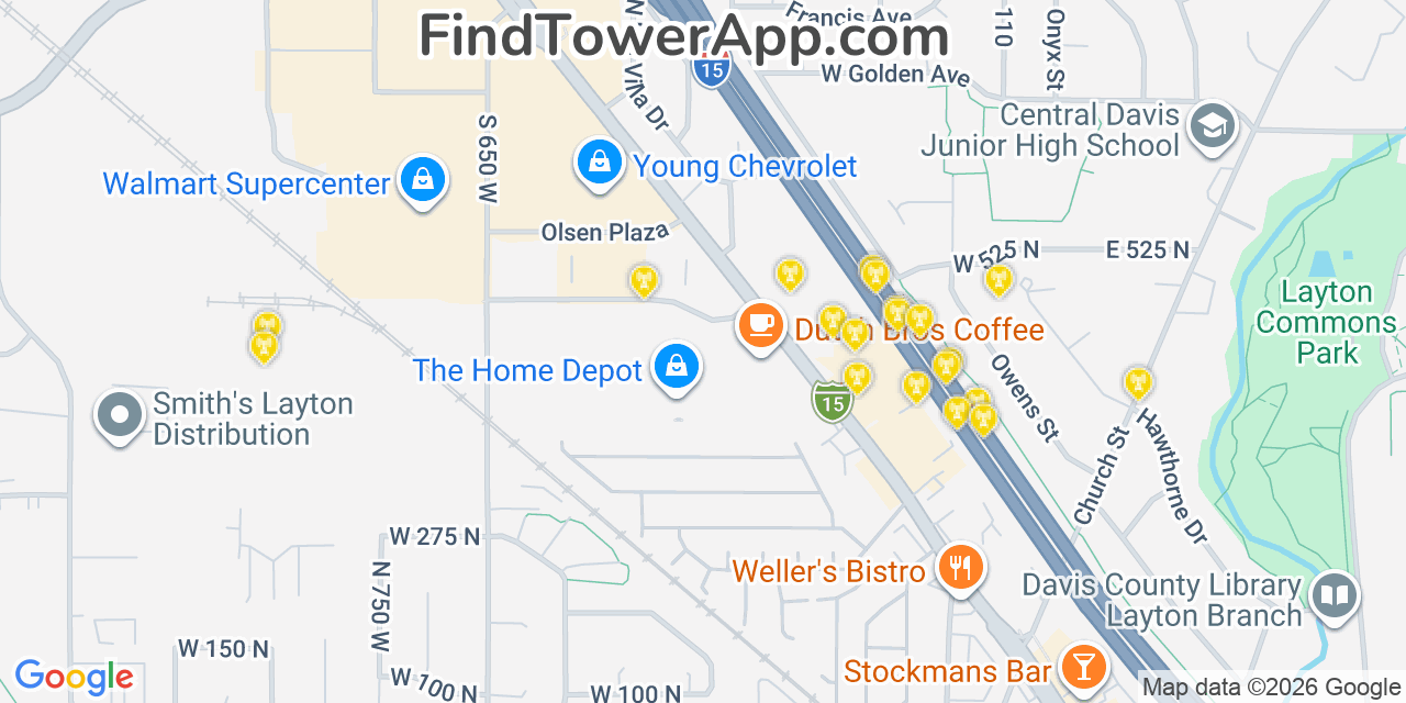 Map showing the 20 primary cell tower locations detected in Layton, Utah from AT&T, Verizon, and T-Mobile networks