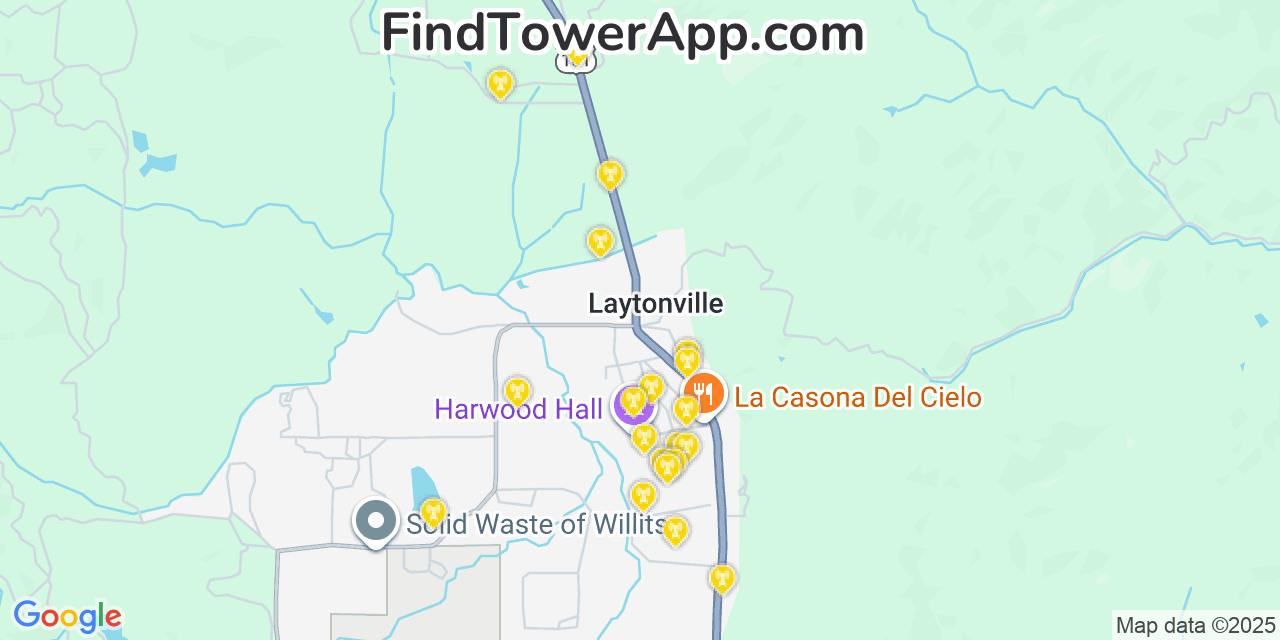 Map showing the 20 primary cell tower locations detected in Laytonville, California from AT&T, Verizon, and T-Mobile networks