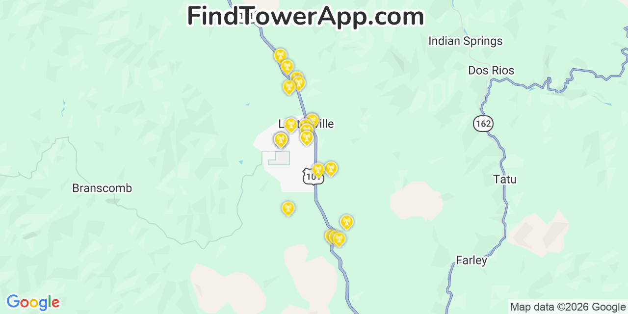 Map showing the 20 primary cell tower locations detected in Laytonville, California from AT&T, Verizon, and T-Mobile networks
