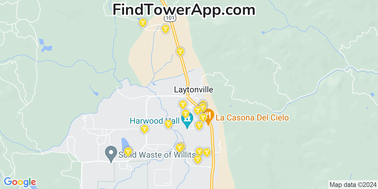 Verizon 4G/5G cell tower coverage map Laytonville, California