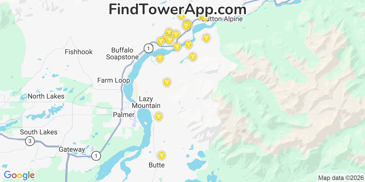 Map showing the 20 primary cell tower locations detected in Lazy Mountain, Alaska from AT&T, Verizon, and T-Mobile networks