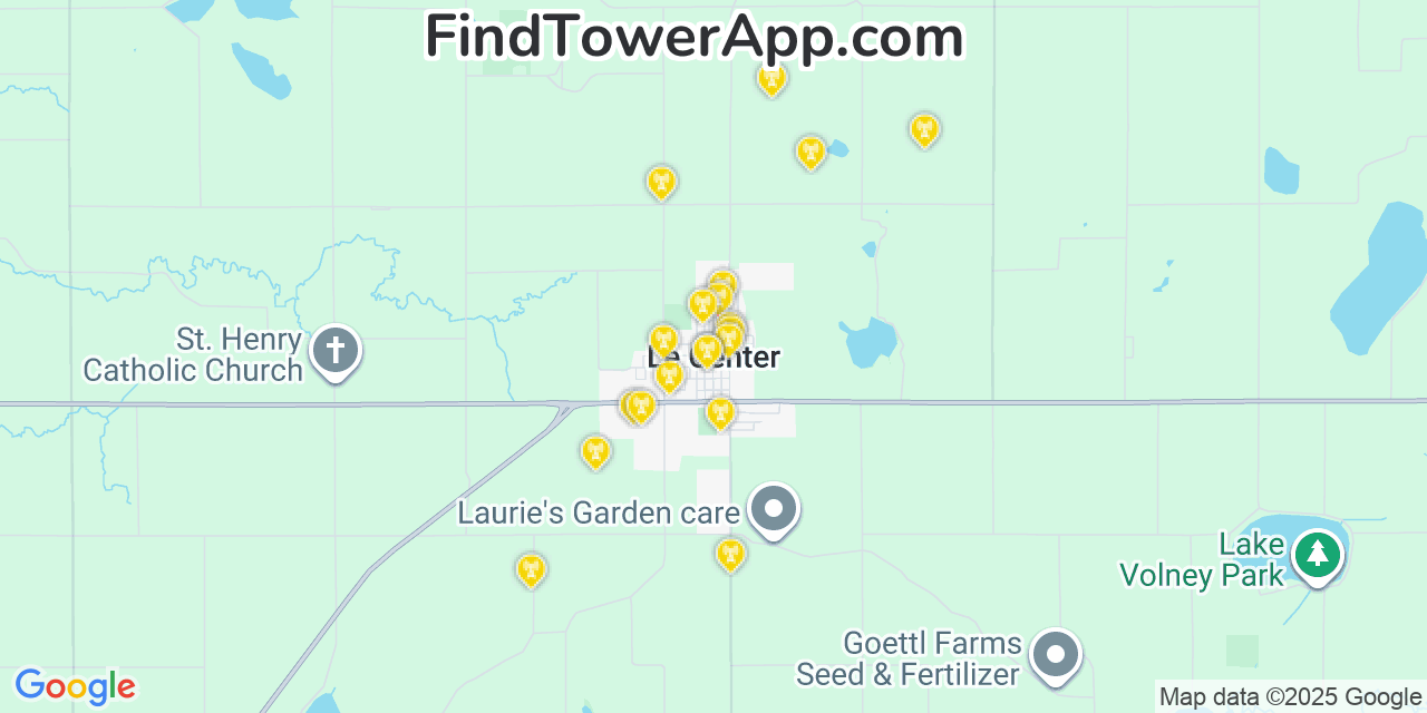 Map showing the 20 primary cell tower locations detected in Le Center, Minnesota from AT&T, Verizon, and T-Mobile networks