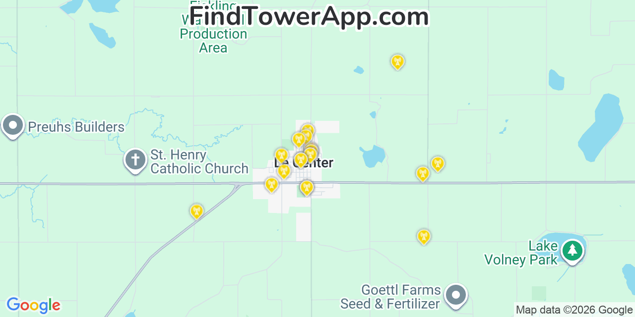 Map showing the 20 primary cell tower locations detected in Le Center, Minnesota from AT&T, Verizon, and T-Mobile networks