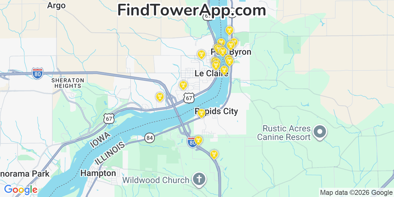 Map showing the 20 primary cell tower locations detected in Le Claire, Iowa from AT&T, Verizon, and T-Mobile networks