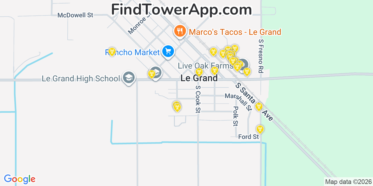 Map showing the 20 primary cell tower locations detected in Le Grand, California from AT&T, Verizon, and T-Mobile networks