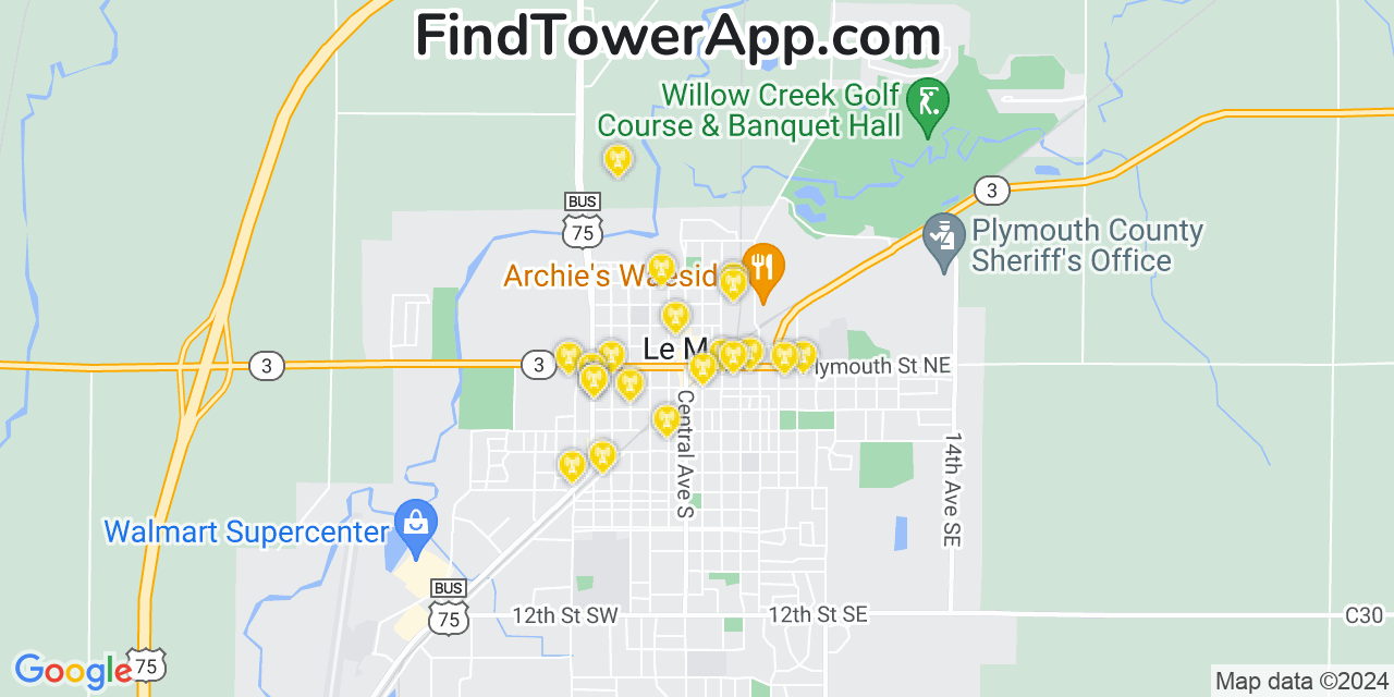 AT&T 4G/5G cell tower coverage map Le Mars, Iowa