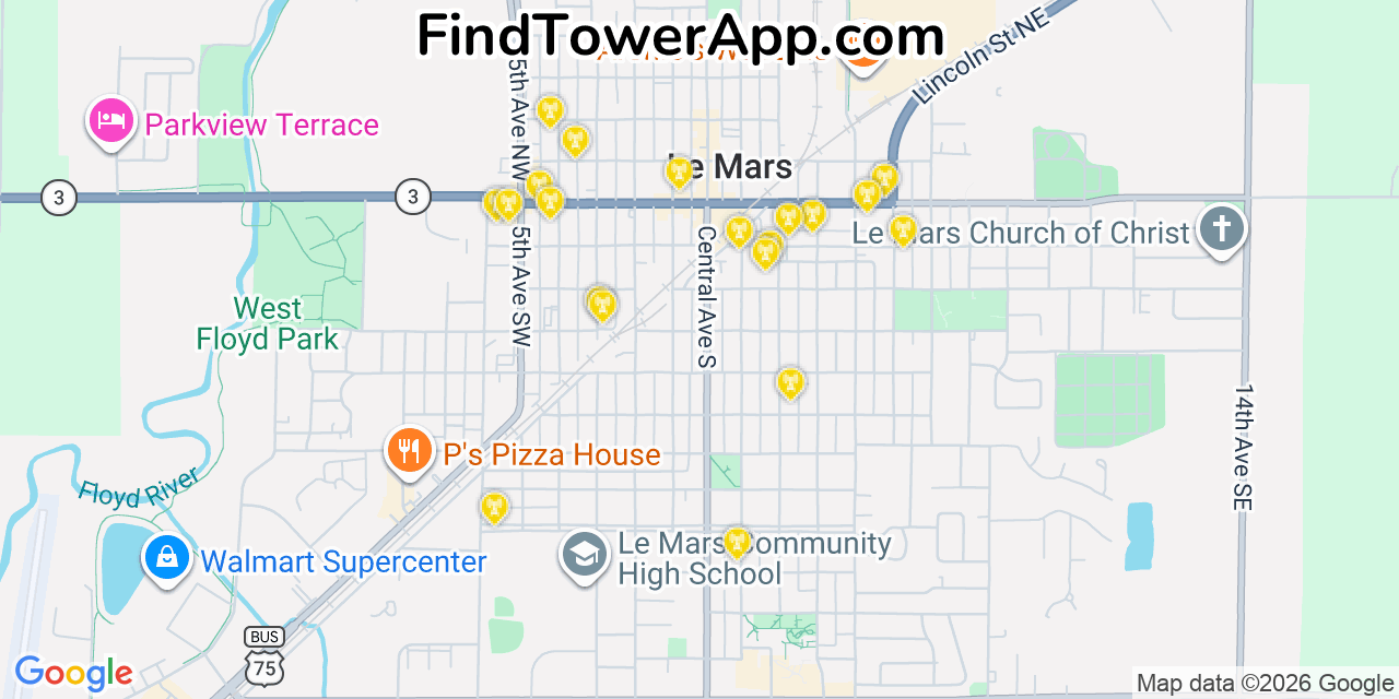 Map showing the 20 primary cell tower locations detected in Le Mars, Iowa from AT&T, Verizon, and T-Mobile networks