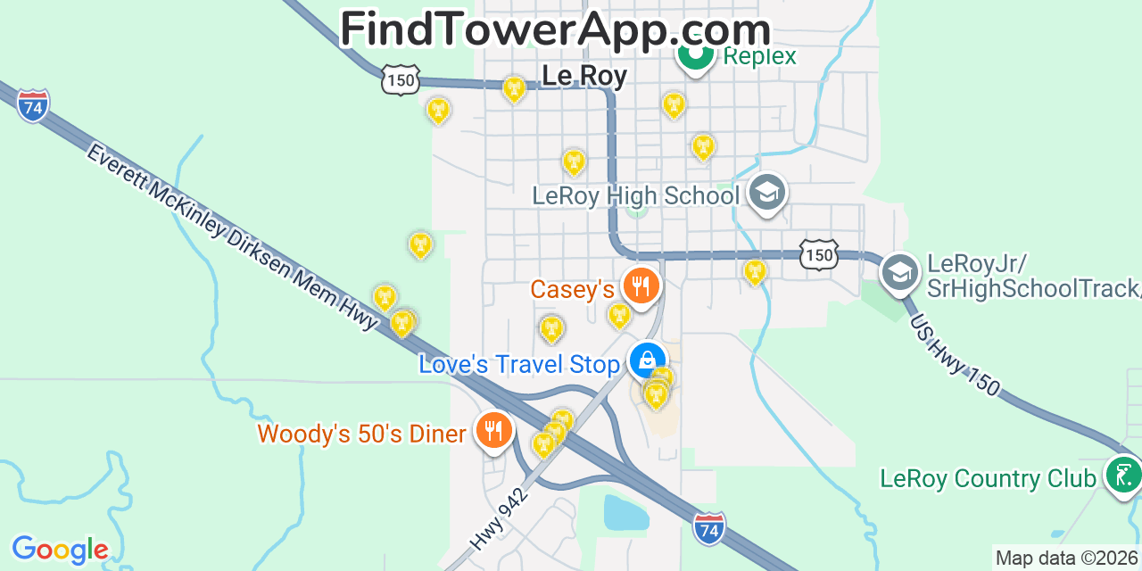 Map showing the 20 primary cell tower locations detected in Le Roy, Illinois from AT&T, Verizon, and T-Mobile networks