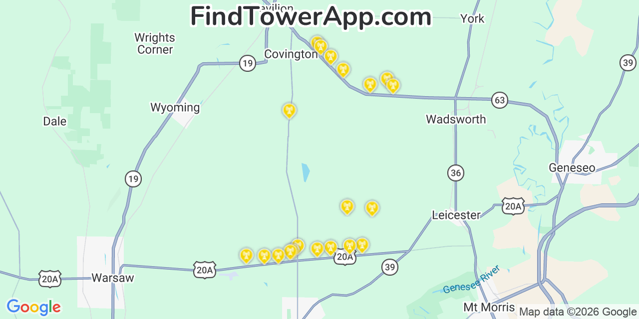 Map showing the 20 primary cell tower locations detected in Le Roy, New York from AT&T, Verizon, and T-Mobile networks
