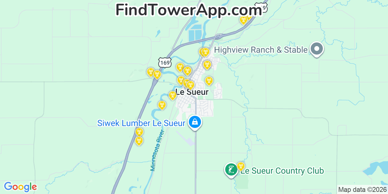 Map showing the 20 primary cell tower locations detected in Le Sueur, Minnesota from AT&T, Verizon, and T-Mobile networks