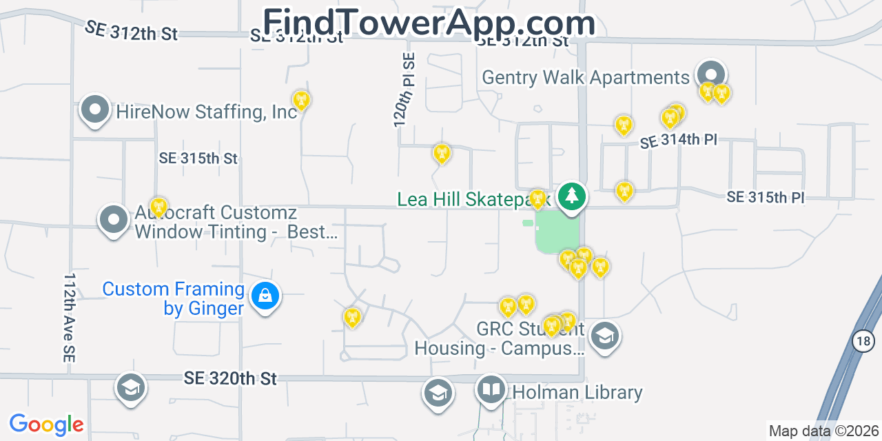 Map showing the 20 primary cell tower locations detected in Lea Hill, Washington from AT&T, Verizon, and T-Mobile networks