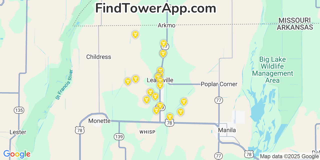Map showing the 20 primary cell tower locations detected in Leachville, Arkansas from AT&T, Verizon, and T-Mobile networks