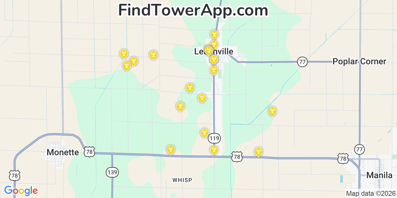 Map showing the 20 primary cell tower locations detected in Leachville, Arkansas from AT&T, Verizon, and T-Mobile networks