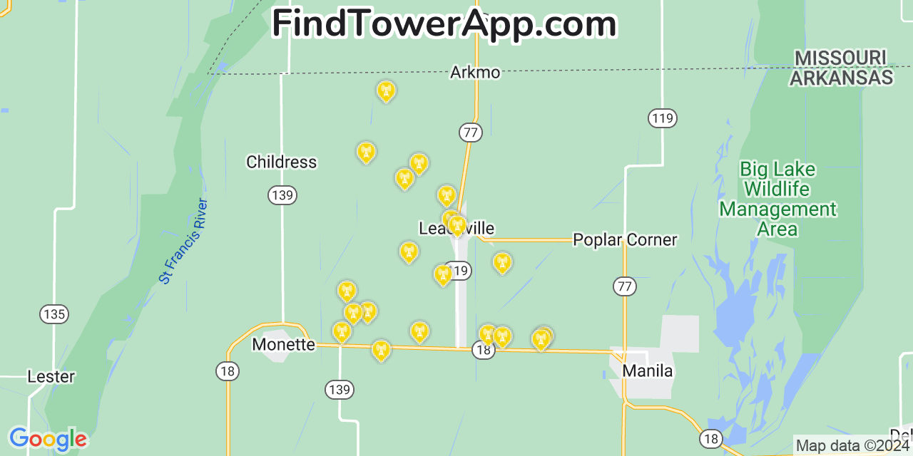 Verizon 4G/5G cell tower coverage map Leachville, Arkansas